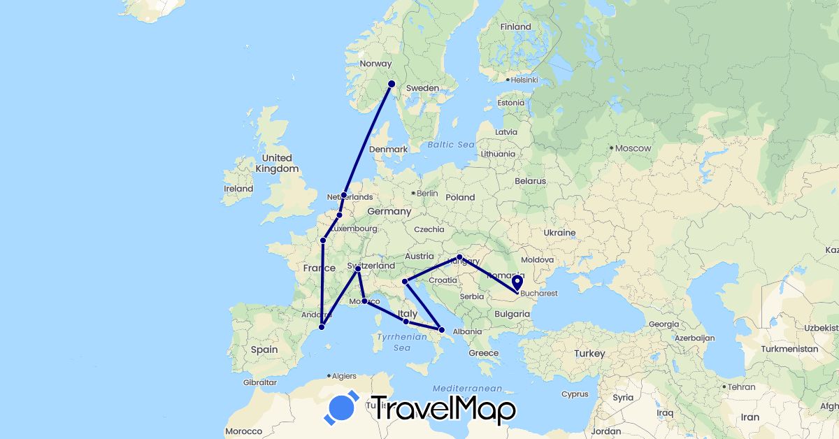 TravelMap itinerary: driving in Belgium, Switzerland, Spain, France, Hungary, Italy, Monaco, Netherlands, Norway, Romania (Europe)